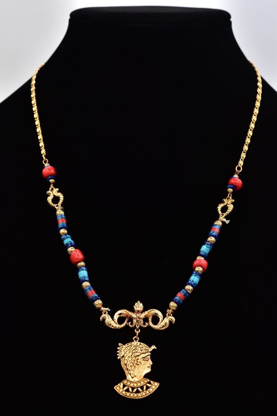 Vintage ART NOS Egyptian Revival Pharaoh Pendant Beaded Necklace Signed BinBL
